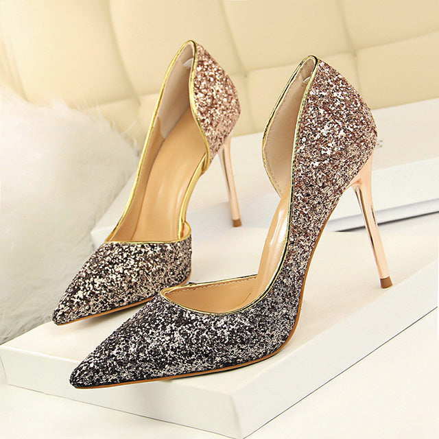 LAKESHI Women Pumps Sexy Wedding Shoes Bling Extreme High Heels Women Heel Shoes Gold Sequins Gradient Stiletto Ladies Shoes