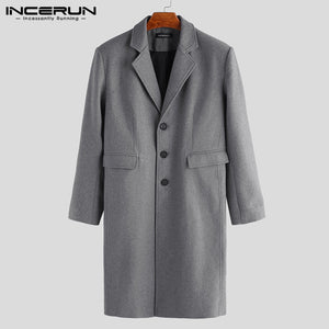 INCERUN Winter Men Coats Warm Fake Wool Jackets Plain Long Sleeve Faux Fleece Streetwear Fashion Men Long Trench Overcoats 2019