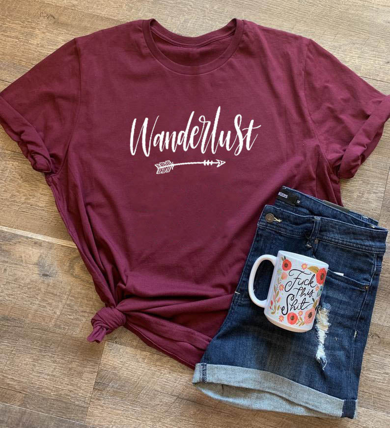 Wanderlust Printed New Arrival Women's Summer Funny Casual 100%Cotton T-Shirt day Travel Shirt Vacation Clothing Adventure shirt