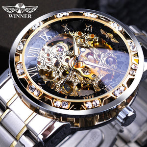 Winner Transparent Fashion Diamond Luminous Gear Movement Royal Design Men Top Brand Luxury Male Mechanical Skeleton Wrist Watch