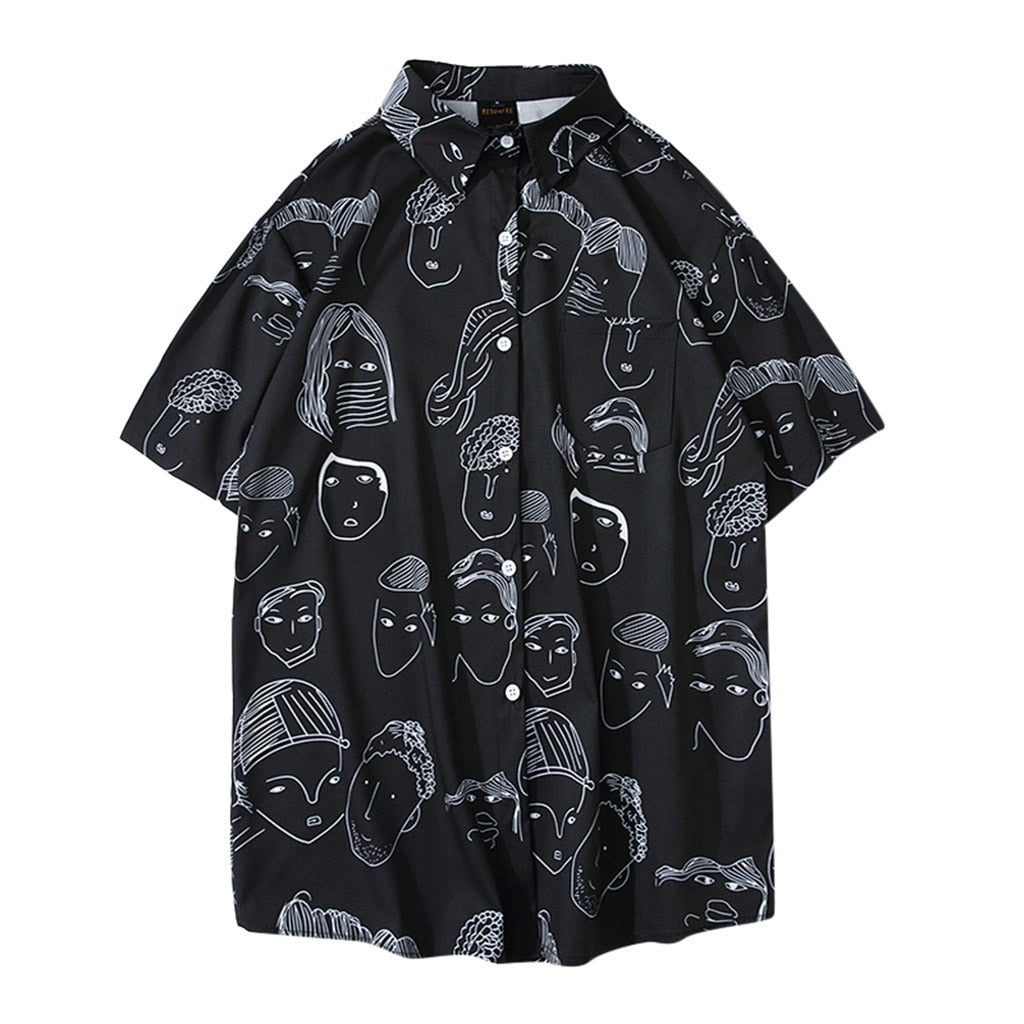 Hot Fashion Summer Men Cartoon Print Turn-Down Collar Loose Short Sleeve Shirt Blouse Men Shirt 2019 Summer New Arrivals