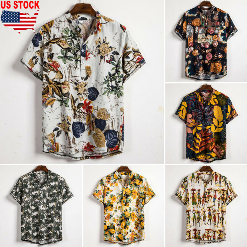 Men Linen Short Sleeve Shirt Summer Floral Loose Baggy Casual Holiday Shirts Tee Tops