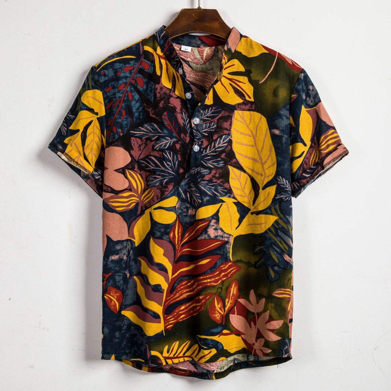 Men Linen Short Sleeve Shirt Summer Floral Loose Baggy Casual Holiday Shirts Tee Tops