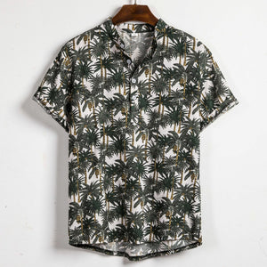 Men Linen Short Sleeve Shirt Summer Floral Loose Baggy Casual Holiday Shirts Tee Tops