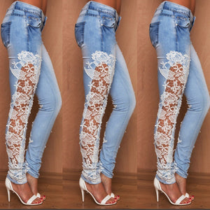 Women Stretch Lace Floral Side Spliced Denim Trousers Hollow Out Slim Pencil Pants Women Jeans Femme Pantalo