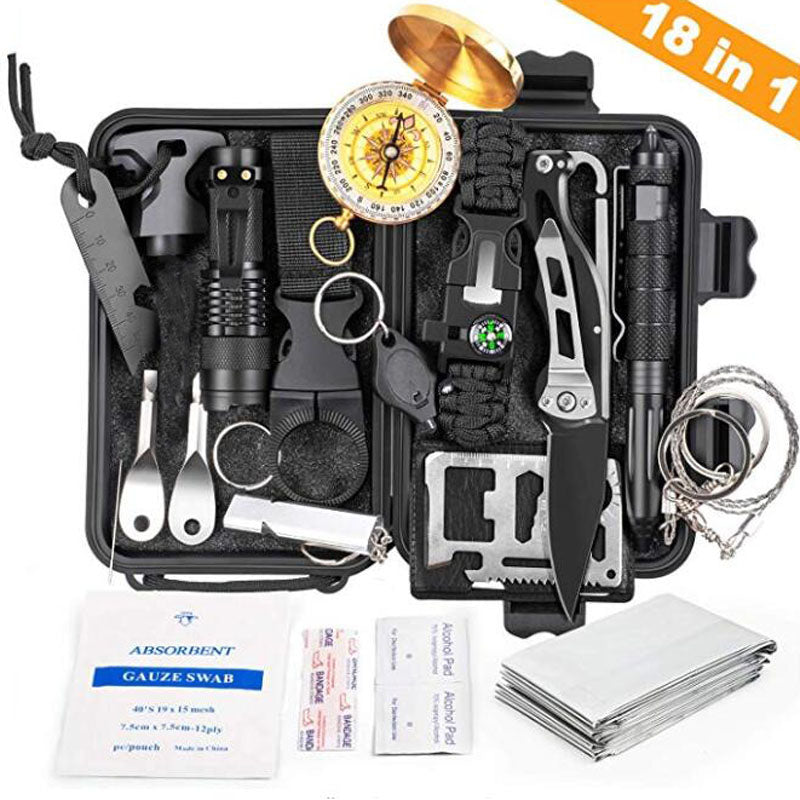 18 in 1 Emergency Survival Kit Professional Tactical Defense Equitment Tools with Knife Compass for Adventure Outdoors Sport