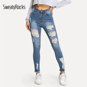 SweatyRocks Faded Wash Ripped Jeans for Women Streetwear Blue Denim Pants 2019 Button Fly Skinny Jeans Woman Casual Trousers