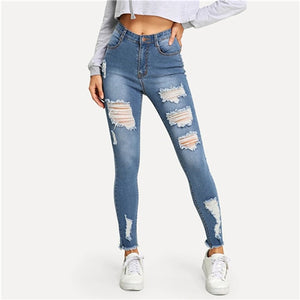 SweatyRocks Faded Wash Ripped Jeans for Women Streetwear Blue Denim Pants 2019 Button Fly Skinny Jeans Woman Casual Trousers