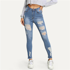 SweatyRocks Faded Wash Ripped Jeans for Women Streetwear Blue Denim Pants 2019 Button Fly Skinny Jeans Woman Casual Trousers