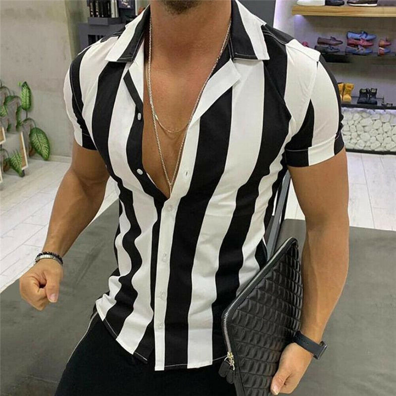 Fashion men striped Shirt Luxury Men's Slim Fit Shirt Short Sleeve Stylish Formal Casual Tee Tops blusa masculina