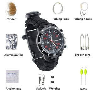 Outdoor Camping Watch Multi-functional Emergency Tools Kit Survival Watch Compass Whistle Fishing Kits Rescue Rope Paracord