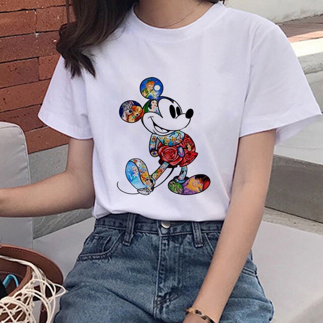 Mouse Cartoon Printing Harajuku T-shirt Women's Lion King Fashion Tshirt O-neck Short-sleeved shirt White Shirt Women's Clothing