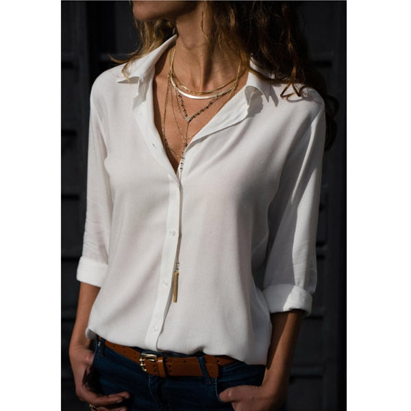 Women White Blouses Basic Selling Button Solid 2019 Autumn Long Sleeve Shirt Female Chiffon Women's Slim Clothing Plus Size Tops