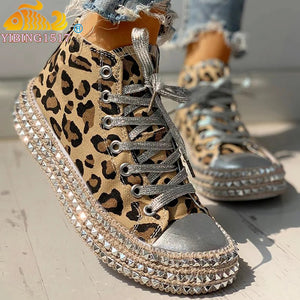 Sexy Leopard High Top Sneakers Women Fashion Bordered Rivet Flats Canvas Shoes Woman Autumn Platform Ladies Casual Shoes#D6