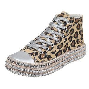 Sexy Leopard High Top Sneakers Women Fashion Bordered Rivet Flats Canvas Shoes Woman Autumn Platform Ladies Casual Shoes#D6