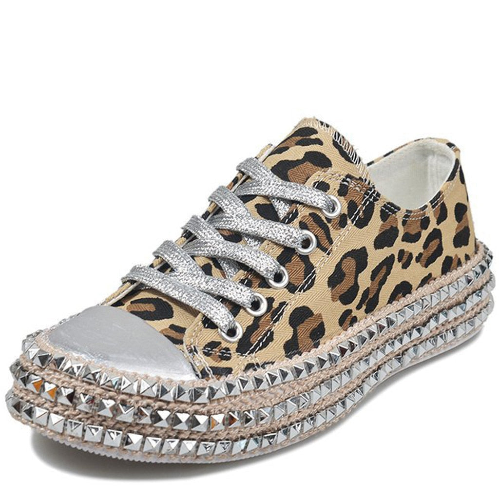 Sexy Leopard High Top Sneakers Women Fashion Bordered Rivet Flats Canvas Shoes Woman Autumn Platform Ladies Casual Shoes#D6