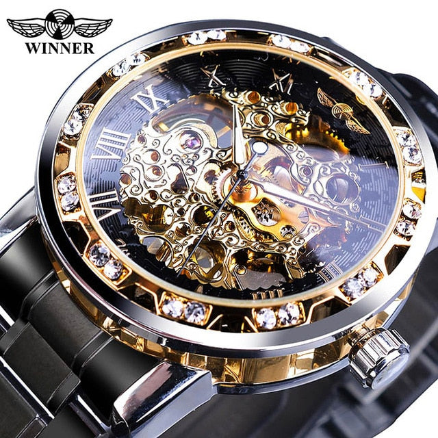 Winner Transparent Fashion Diamond Luminous Gear Movement Royal Design Men Top Brand Luxury Male Mechanical Skeleton Wrist Watch