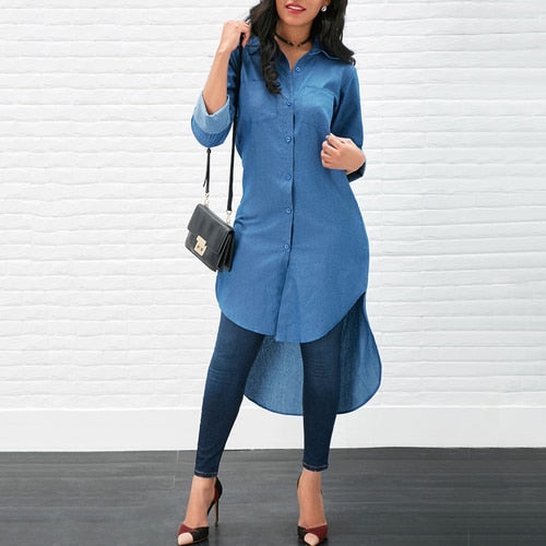 Long Fashion Women Denim Shirt Long Sleeve Loose Blouse Lady Fashion Casual Jean Blouse Shirt Summer Tops Denim Shirt