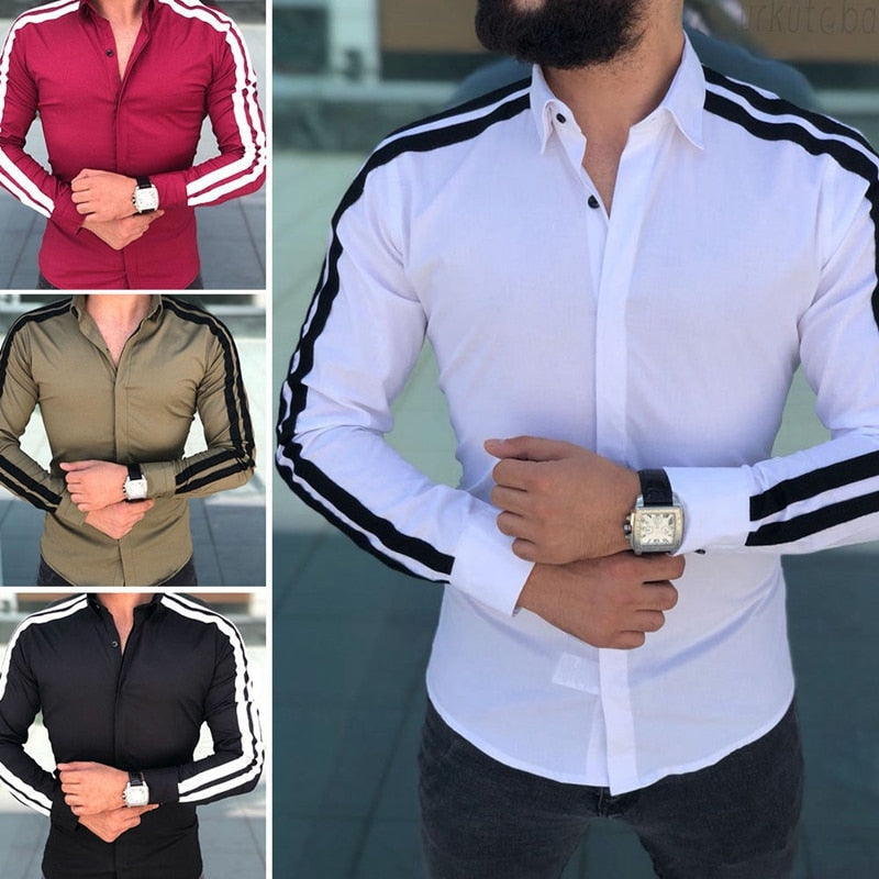 Camisas formales para hombres lisos vestido de negocios de boda de manga larga ajustado de retales superior caliente