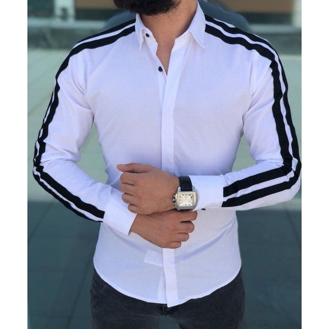 Camisas formales para hombres lisos vestido de negocios de boda de manga larga ajustado de retales superior caliente