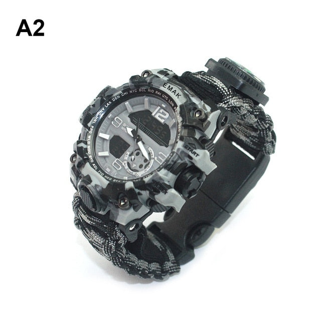 7 in 1 Outdoor Survival Watch Tactical Paracord Bracelet Watch with Compass Scraper Thermometer Paracord Whistle Camping Tools