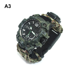 7 in 1 Outdoor Survival Watch Tactical Paracord Bracelet Watch with Compass Scraper Thermometer Paracord Whistle Camping Tools