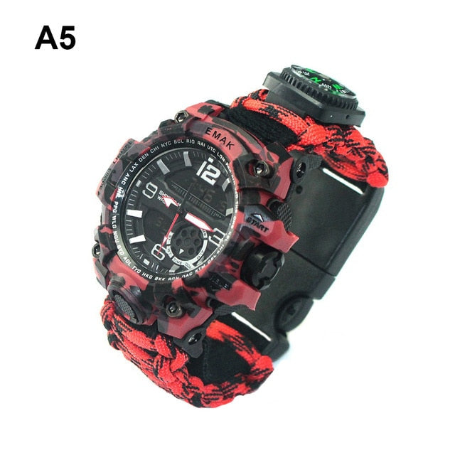 7 in 1 Outdoor Survival Watch Tactical Paracord Bracelet Watch with Compass Scraper Thermometer Paracord Whistle Camping Tools