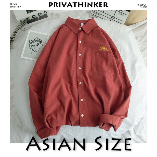 Privathinker Men Solid Shirt Long Sleeve 2019 Man Korean Fashions Monday Embroidery Shirt Male Streetwear Spring Women Shirts