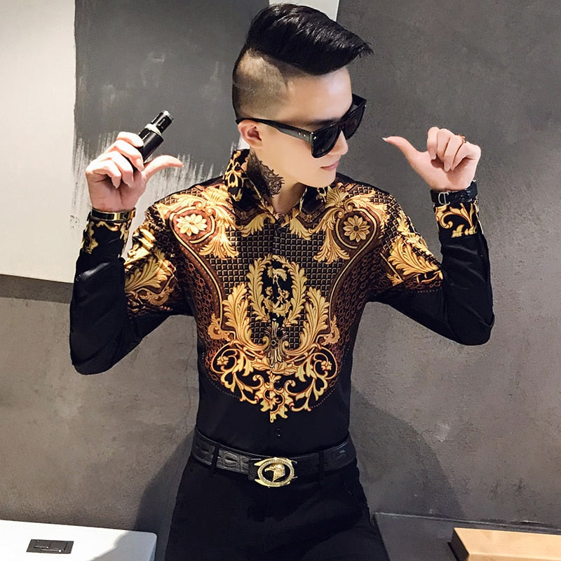 Luxury Gold Print Shirt Men Royal Retro Long Sleeve Shirts Party NightClub Tuxedo Shirts Casual Slim Fit Streetwear Blouse Homme