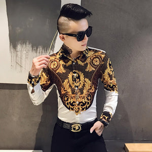 Luxury Gold Print Shirt Men Royal Retro Long Sleeve Shirts Party NightClub Tuxedo Shirts Casual Slim Fit Streetwear Blouse Homme