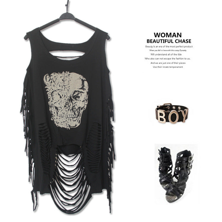 PUNK ROCK Summer Women New Fashion T-shirt Print Skull Off The Shoulder Tassel Retro Personalized Casual Tshirt Women's Clothing