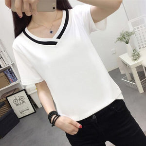 4XL 5XL Plus Size Korean Women's Clothing Fashion Big Size T-shirt Female V neck Short Sleeve Casual obesity Tee Shirt Top Femme