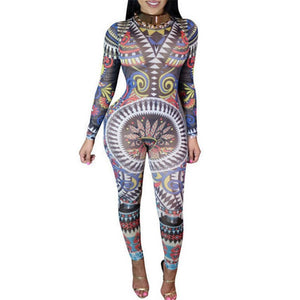 Women's Print One Piece Jumpsuit Bodycon Long Sleeve Jumpsuit Romper Trousers Lace Up Skinny Women Clothing