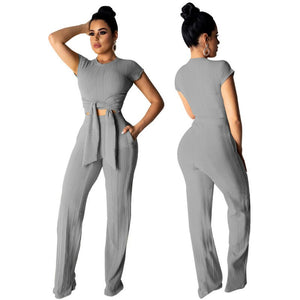 Casual Lace Women's Jumpsuit Wide Leg Pants Short Sleeve Solid Sexy Female Set 2 Pieces Fitness Gym Clothing 2019 Summer Spring
