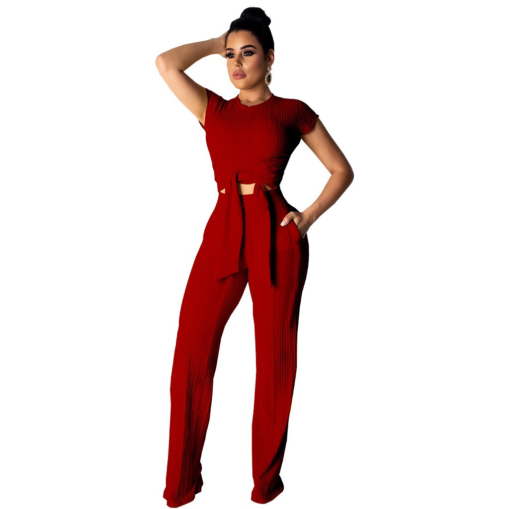 Casual Lace Women's Jumpsuit Wide Leg Pants Short Sleeve Solid Sexy Female Set 2 Pieces Fitness Gym Clothing 2019 Summer Spring