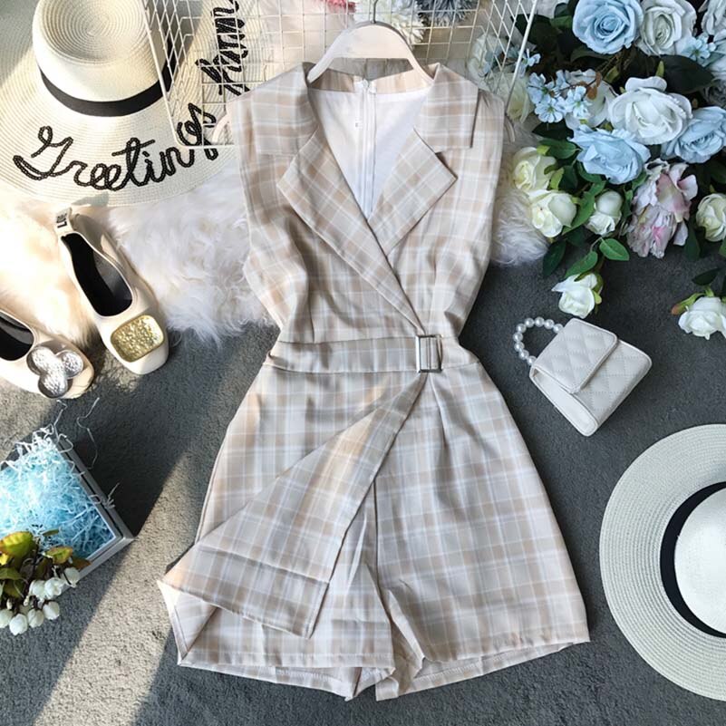 NiceMix Women's Jumpsuit Female Summer Clothing 2019 New Chic Plaid Suit Neck Sleeveless Waist Slim Legs Overalls for Women