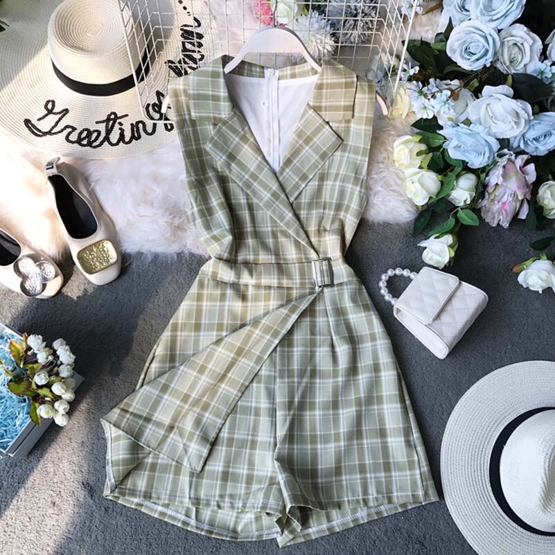 NiceMix Women's Jumpsuit Female Summer Clothing 2019 New Chic Plaid Suit Neck Sleeveless Waist Slim Legs Overalls for Women