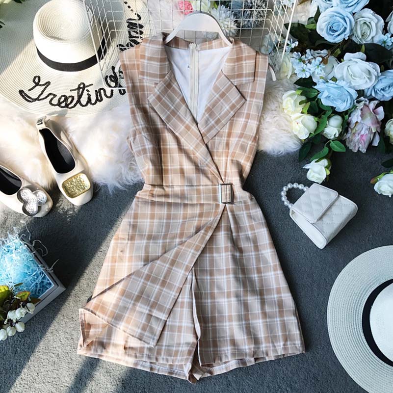 NiceMix Women's Jumpsuit Female Summer Clothing 2019 New Chic Plaid Suit Neck Sleeveless Waist Slim Legs Overalls for Women