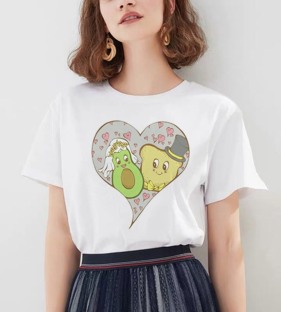 Women's Cartoon Avocado Print Tshirts Harajuku T Shirt O-Neck Clothing Cartoon Print Casual Short Sleeve Streetwear Clothes