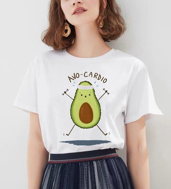 Women's Cartoon Avocado Print Tshirts Harajuku T Shirt O-Neck Clothing Cartoon Print Casual Short Sleeve Streetwear Clothes