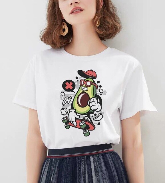 Women's Cartoon Avocado Print Tshirts Harajuku T Shirt O-Neck Clothing Cartoon Print Casual Short Sleeve Streetwear Clothes