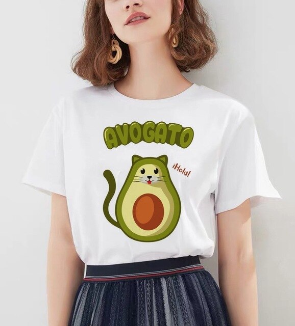 Women's Cartoon Avocado Print Tshirts Harajuku T Shirt O-Neck Clothing Cartoon Print Casual Short Sleeve Streetwear Clothes