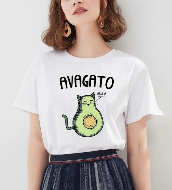 Women's Cartoon Avocado Print Tshirts Harajuku T Shirt O-Neck Clothing Cartoon Print Casual Short Sleeve Streetwear Clothes