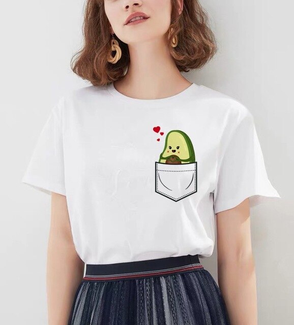 Women's Cartoon Avocado Print Tshirts Harajuku T Shirt O-Neck Clothing Cartoon Print Casual Short Sleeve Streetwear Clothes