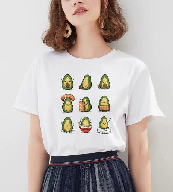 Women's Cartoon Avocado Print Tshirts Harajuku T Shirt O-Neck Clothing Cartoon Print Casual Short Sleeve Streetwear Clothes