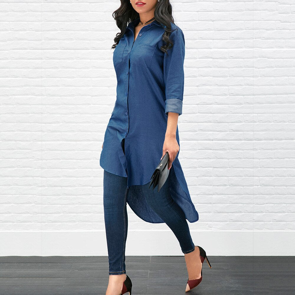2019 Women's clothing Blouses & Shirts ladies tops plus size office casual long sleeve sexy jeans blue shirt ware free ship