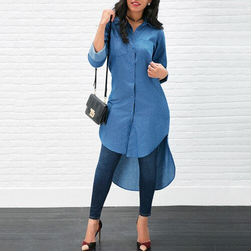 2019 Women's clothing Blouses & Shirts ladies tops plus size office casual long sleeve sexy jeans blue shirt ware free ship