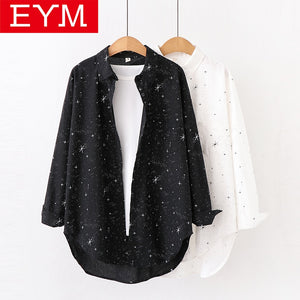 2019 Autumn New Brand Shirt Cosmic Star Print Cotton Shirt Women's Loose Large Casual Blouse Female Student Design Clothing Tops