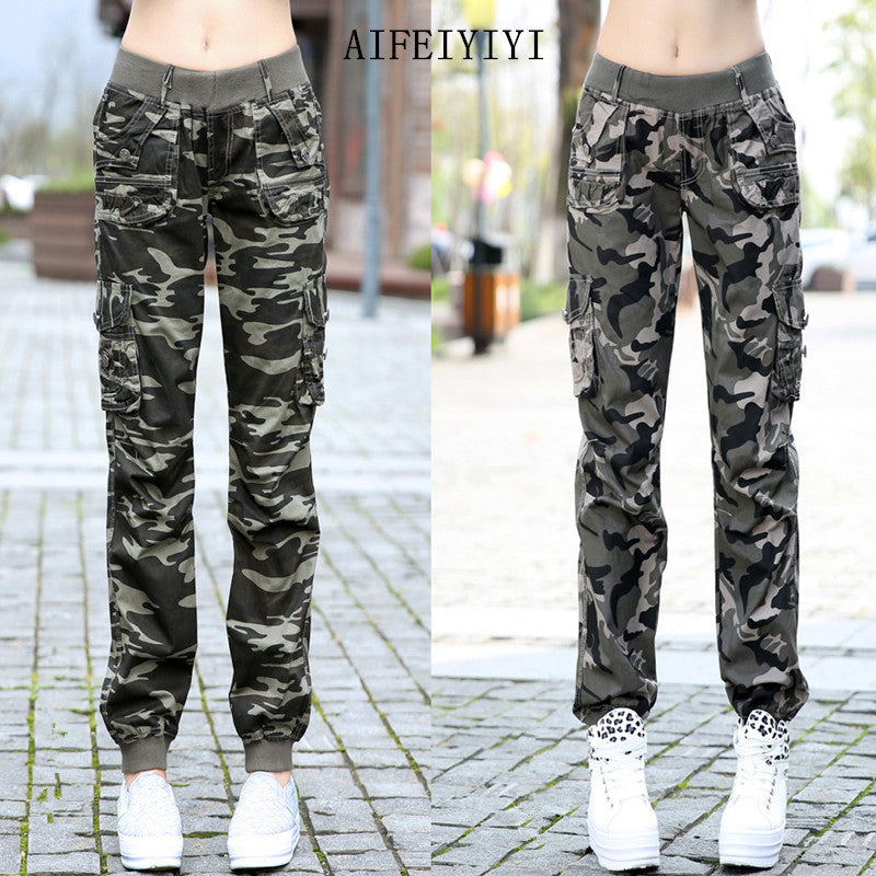 Womens Workout Camouflage Military Harem Cargo Jeans Pants Denim Overalls Beam Baggy Pant Ladies Loose Multi-pocket Trousers