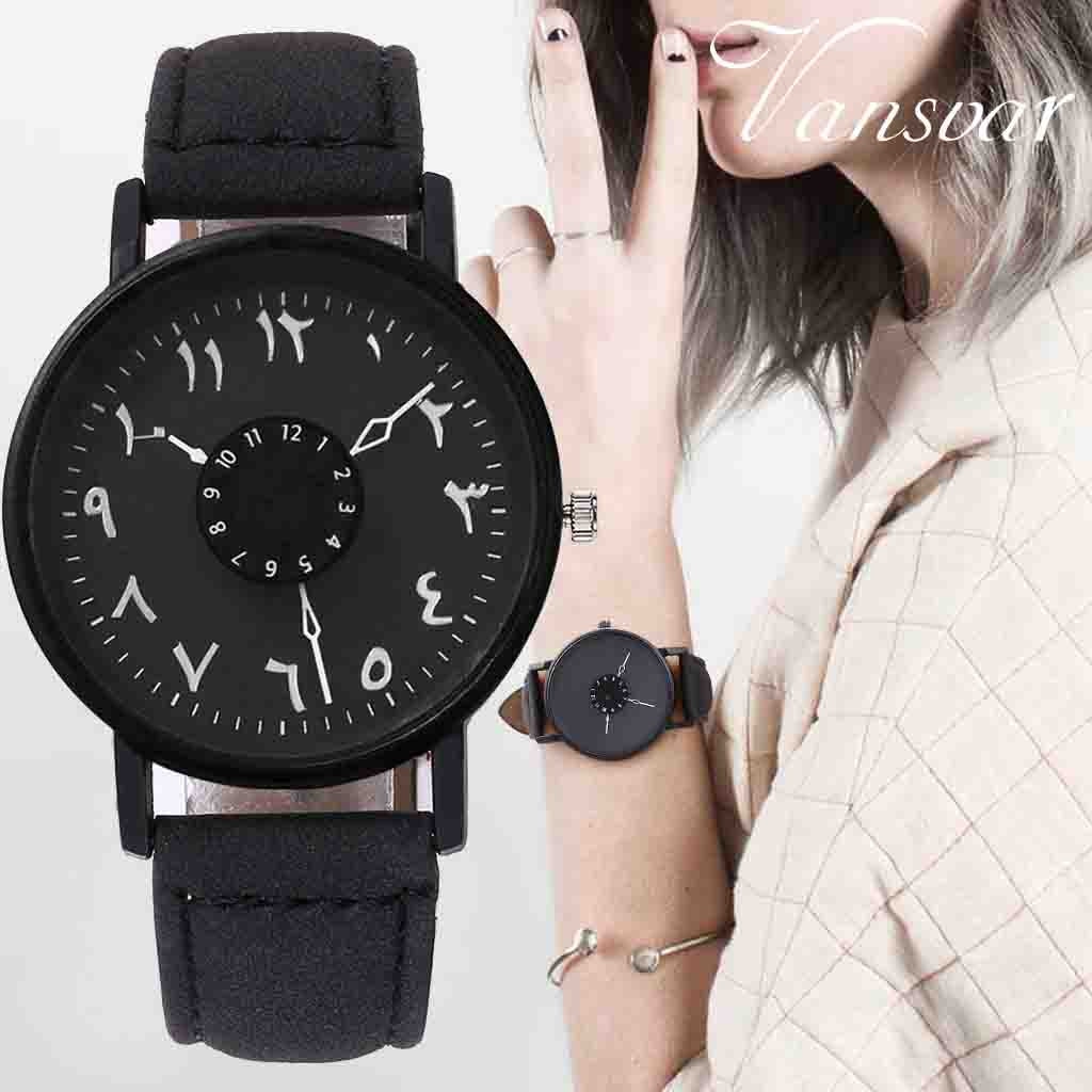 Vansvar Brand Black White Lover's Couple Watches Unique Arabic Numbers Leather Women Quartz Wristwatch Luxury Brand Clock